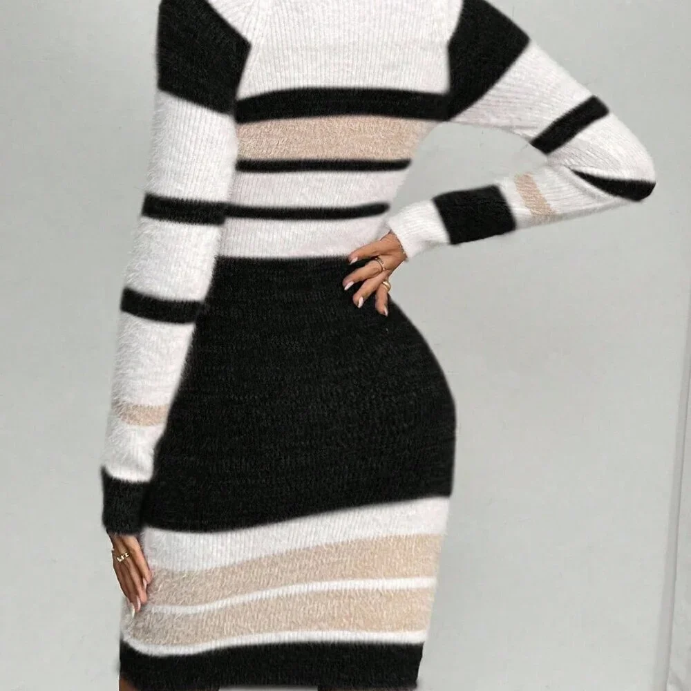 Multicolor Casual Women's Chiquease Striped Raglan Sleeve Fitted Knit Dress